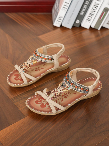 Sandales Plates à Strass et Fleur – Élégance et Confort Estival